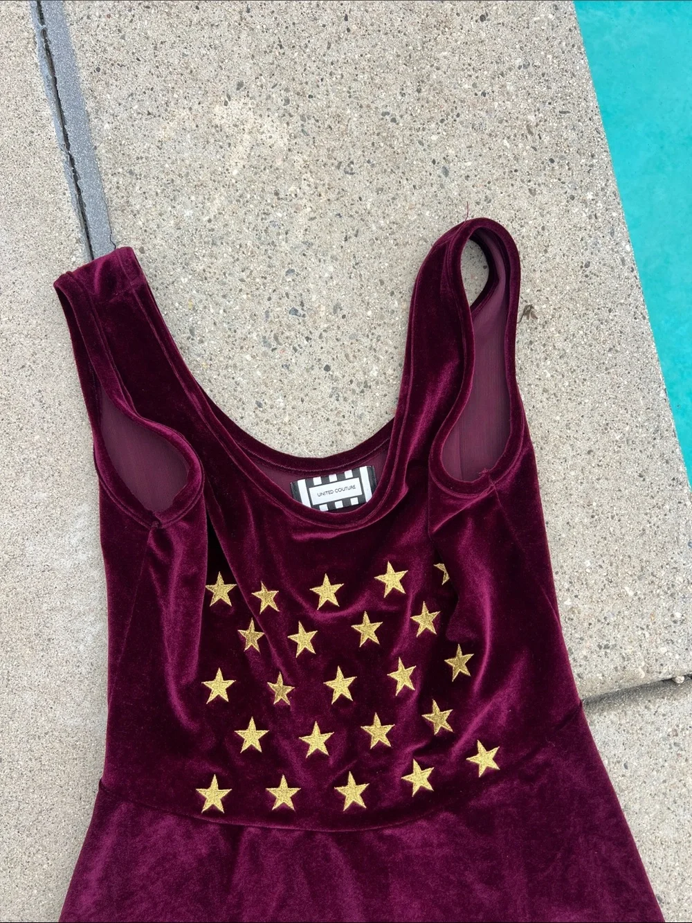Burgundy Velvet Star Tank Dress in Deep Wine - Picture 2 of 7